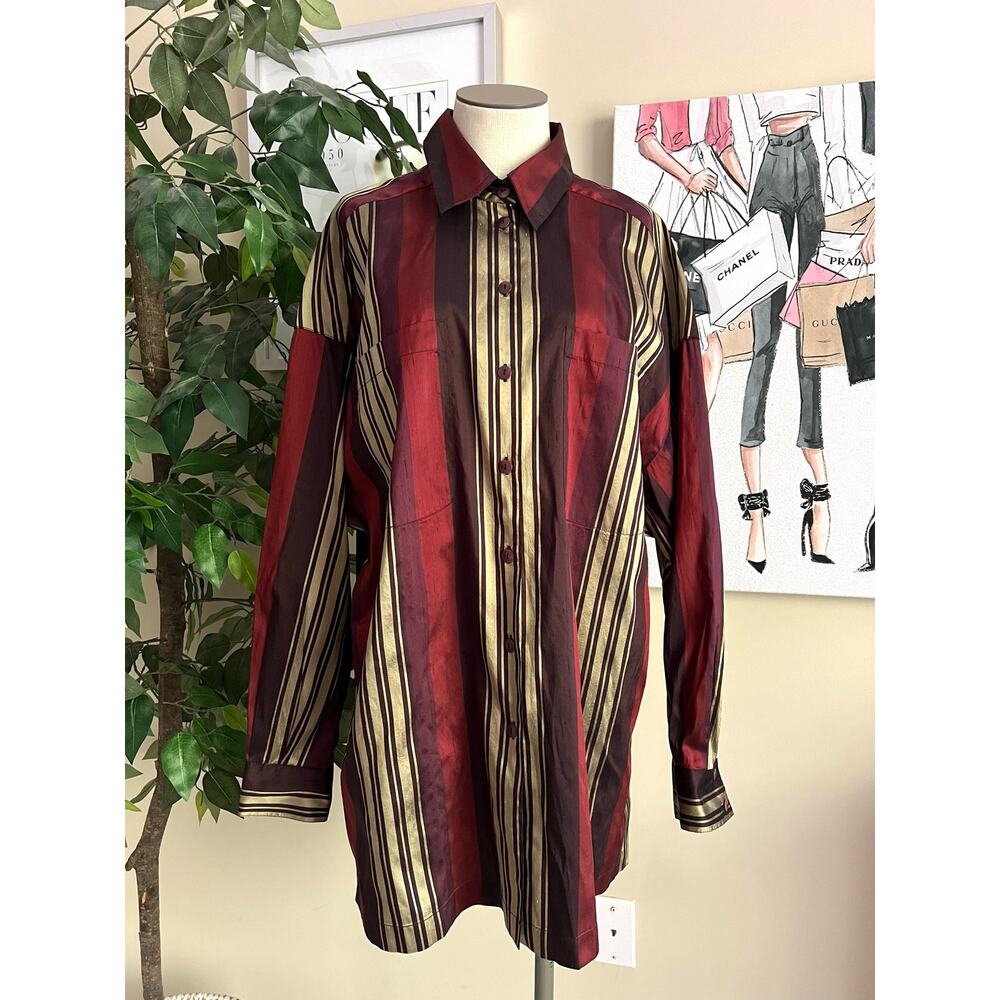 Peter Nygard Vintage Silk Stripe Oversize Button Up Dark Academia Shirt Sz 10